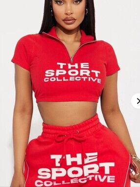 Fashion Nova Sport Collective Red Zip Collared Stretch Crop Top Baby Tee Small